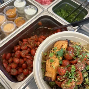 What&apos;s your favorite Topping for your Miso Glazed Salmon Bowl?? Chimichurri Tomatoes, Pickled Red  Onions or Freshly Chopped Cilantro?