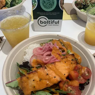 Miso salmon, spring mix, chimichurri tomatoes, white rice