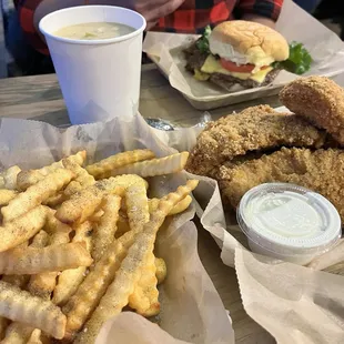 Burger, tenders, fries, soup of the day