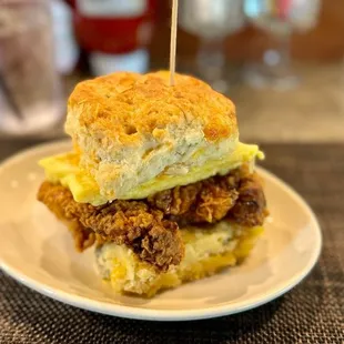 Fried Chicken with Egg, Pimento, Pickles on a Jalapeño Cheddar Biscuit!