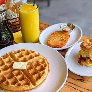 a breakfast of waffles and eggs