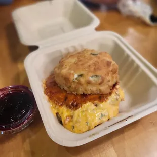 BYOB- jalapeño cheddar biscuit, chicken sausage, pimento cheese