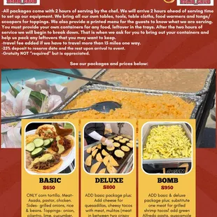Taco catering. Choose between basic, deluxe and Bomb!