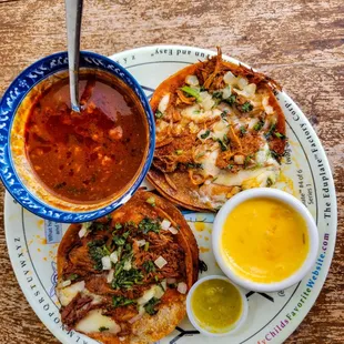 Birria tacos, consomme, salsa Verde &amp; queso