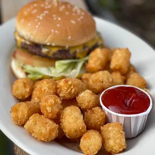 a burger and tater tots