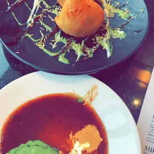 Samosas with Chutneys that were served on the side, but I put the chutneys on this place. These were delicious.