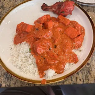 Chicken Tikka Masala and Tandoori Chicken leg.