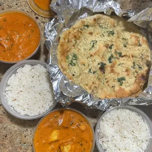 Shahi Paneer, Butter Chicken, Garlic Naan Bread, Rice