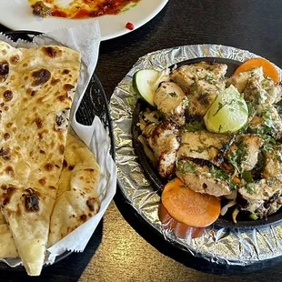 Chicken Reshmi Kabab and Chicken Tikka Masala w/ nan &amp; assorted chutneys.