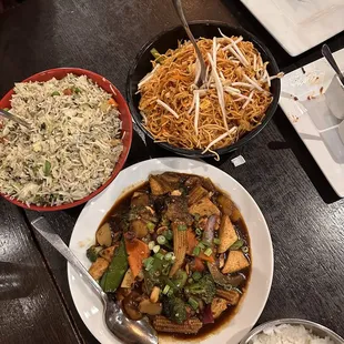 Spicy dang dang noodles, basil friend rice, kung pao curry with veggies