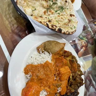 Garlic Naan, Chicken Tikka Masala, Vegetable Samosa