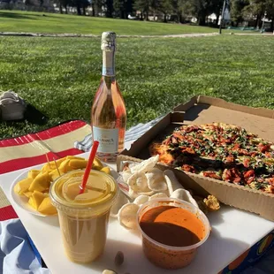 chicken tikka, mango lassi and 30. Bombay Chicken Pizza (+ other foods we brought for a picnic)