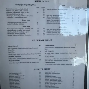 Cocktail and spirits menu