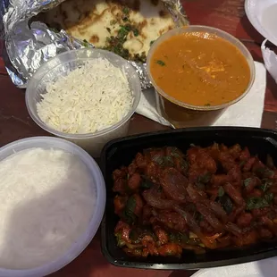 Chicken 65, Paneer Tikka Masala and garlic naan