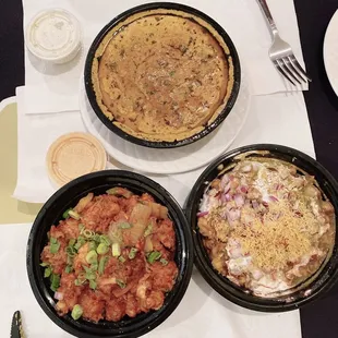 Top- chicken Chicken Methi Korma Left-Gobi Manchurian Right-Samosa Chat