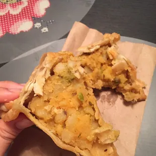 a hand holding a piece of food