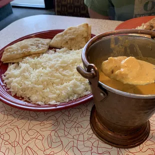 Chicken curry with basmati rice and naan.