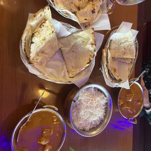 Chicken Tikka Masala, Garlic Naan, Cheese Naan and Kashimiri Naan
