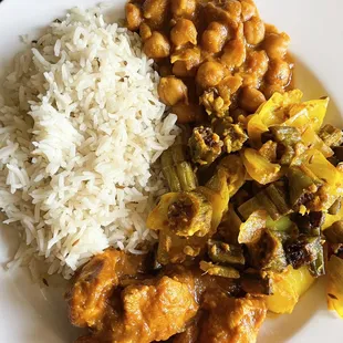 Basmati Plain Rice, Channa Masala, Bhindi Masala, Chicken Curry