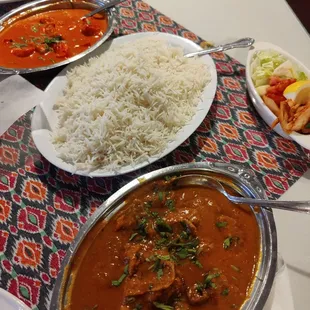 Butter chicken and goat curry
