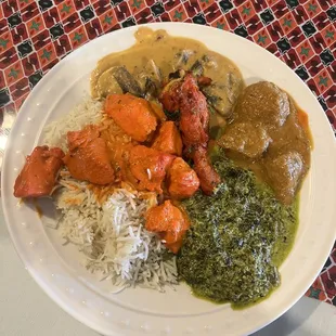 Saag Paneer, Chicken Tikka Masala, Lamb Curry, Mushroom masala, Tandoori Chicken