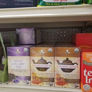 a shelf of tea bags