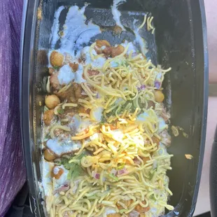 Samosa chaat- partially eaten delicious but looks a hot mess