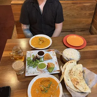 Top: Chicken Tikka Masala Middle: Samosa Garlic Naan Bottom: Butter Chicken Chai &amp; Bombay house beer