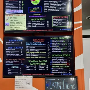 Menu on the wall