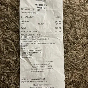 the receipt for the restaurant