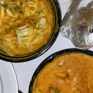 Chicken Jhol Momo, Chicken Tikka Masala, Vegetable Pakora in the bag