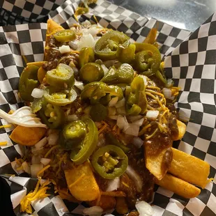 Chili cheese fries with jalapeños