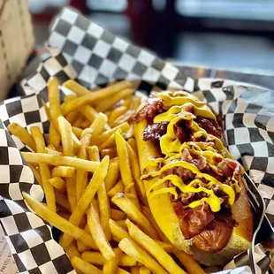 Pastrami Dog- all beef, comes with a pickle inside and mustard on top. Bun was similar to a French roll, complimented the dog well