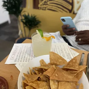 Margarita, chips, salsa, guacamole