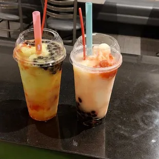 The drink on the right is a strawberry lychee slush both are very good but the strawberry kiwi is my favorite