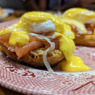 Lox Benedict. $23. Gin-cured Icelandic salmon, capers, red onions, eggs, hollandaise.