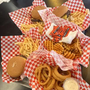 Onion rings  waffle fries burgers