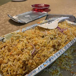 A Mutton Biryani without any meat in the box