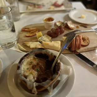 French Onion Soup au Gratin and cheese platter