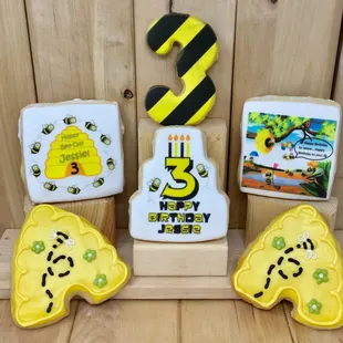 Bee Themed Hand-Decorated and Direct Print Shortbread Birthday Cookies