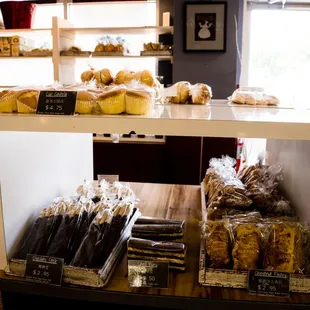 a display of bread and pastries