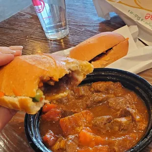 Dipping my chicken sandwich in my beef stew