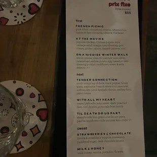 Valentines menu
