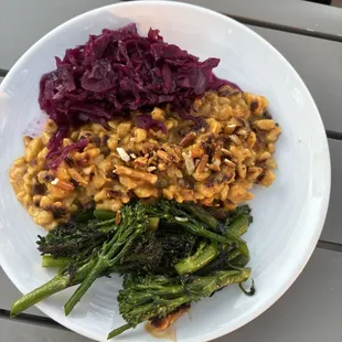 Yummy schnitzel with broccolini and cabbage