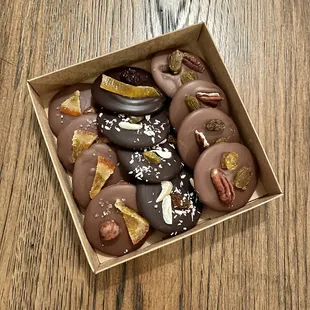 Chocolate Mendiants with nuts and dried fruits