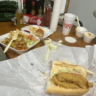 Fried Oyster Basket and Catfish Po Boy