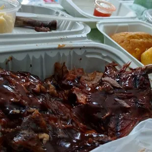 1/2 slab ribs, Mac and cheese, collard greens., corn bread.