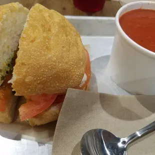 Caprese sandwich which is huge and delicious Tomato soup