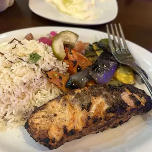 Salmon Fillet with rice and veggies.