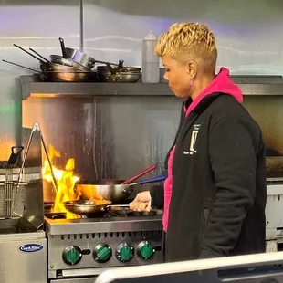 Preparing the bananas foster for the bread pudding